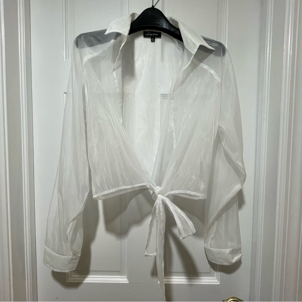 Love University White Sheer Long Sleeve Tie-Front Top